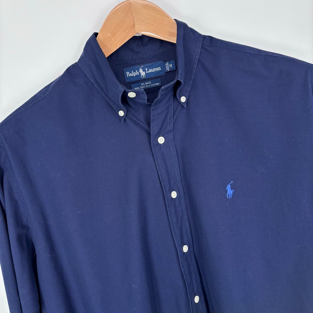 VTG Ralph Lauren Blake Button Down Shirt Mens M Navy Blue Two Ply Cotton Preppy